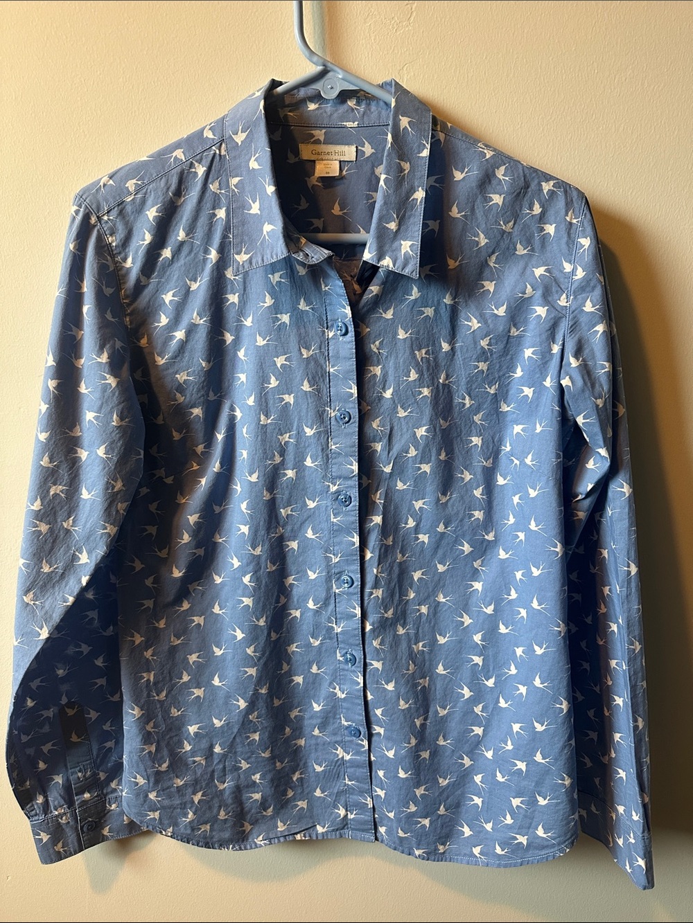 GARNET HILL Blue Button-Down Shirt with White Bird Print